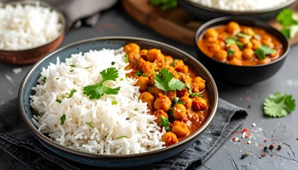 Delicious Chickpea Curry with Basmati Rice and Fresh Cilantro Garnish, Indian Cuisine