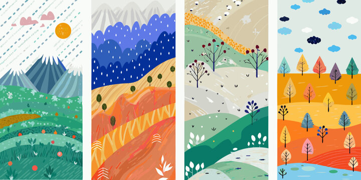 Four vertical panels depicting seasonal landscape scenes with abstract elements