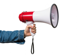 Hand holding a red and white megaphone isolated on transparent background