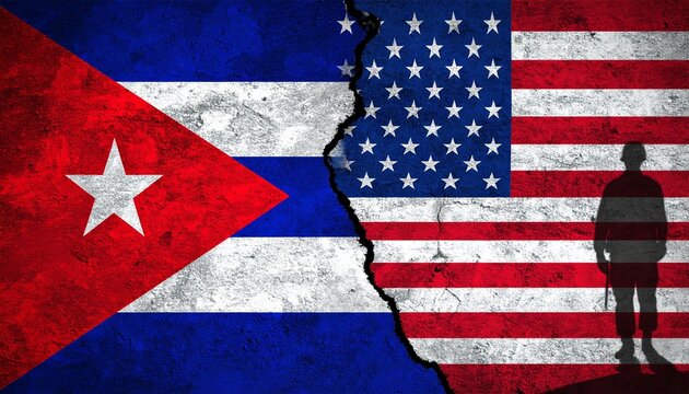 Split flags of Cuba and USA with saluting silhouette over American side, symbolizing political tension.