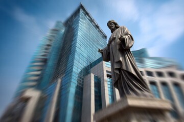 Fototapeta premium Statue of a religious figure stands before a modern glass building.