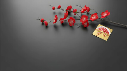 紅梅と金箔のシックな和風背景。消炭色の背景に右上の季節アイテム。高級感のある広告やWebデザインに最適な余白素材。