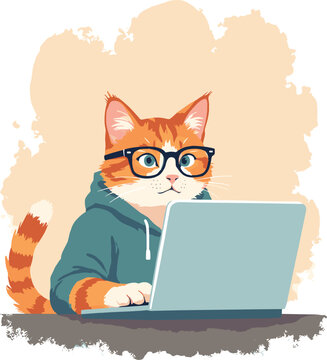 Flat vector illustration of a Cat wearing glasses typing frantically on a laptop. 'Deadline Panic' concept. Minimalist style on white background