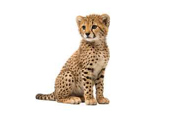 Young cheetah cub sitting on a clean white background, showing soft golden fur, natural spots, clear facial markings, and accurate cub anatomy. High-quality studio lighting with crisp detail  © MJ iceberg