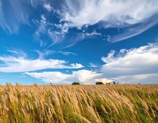 Golden grassy field under a blue sky with swirling clouds.