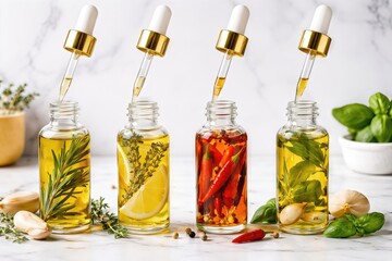 Herbal infusion oils with aromatic herbs and spices showcasing natural flavor profiles and culinary artistry in a refined kitchen setting captured with clarity