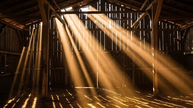 Golden light shafts illuminate the dusty interior of an old wooden barn, casting intricate patterns across the rustic floor and evoking a serene, timeless atmosphere - Powered by Adobe