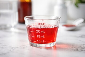 Measuring precision with a vibrant red liquid in a glass beaker showcasing numeric markings for accurate measurement and culinary creativity in a modern kitchen setting