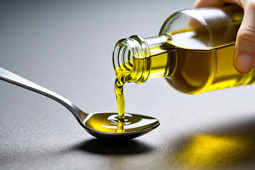 A hand pouring olive oil from a bottle into a spoon on gray, suitable for cooking tutorial videos, artisanal product shots, and clean food preparation visuals.