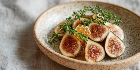 Food styling close-up with fig, honeycomb, and thyme