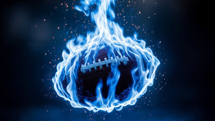 A football engulfed in intense blue flames with sparks on a dark background, perfect for extreme sports promotions, dynamic action graphics, and high-energy team motivation visuals.