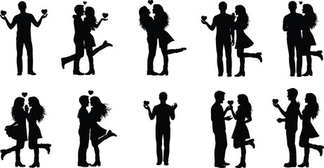 Obraz premium Silhouettes of couples holding hearts and kissing on a white background love