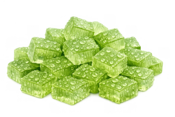 Fresh aloe vera cubes with water drops, natural skincare ingredient for health and wellness, transparent background