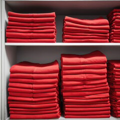 Neatly stacked red fabric rolls in organized shelving unit for textile display