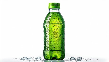 Green Bottle with Water Drops Isolated on White Background.
