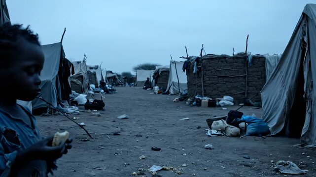 Child eats bread in refugee camp at dusk with shelters along path. Girl holds food near tents in settlement. Child with bread at camp dusk. Refugee eating food in temporary shelter at evening.