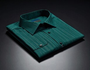A folded emerald green striped dress shirt rests on a dark surface.