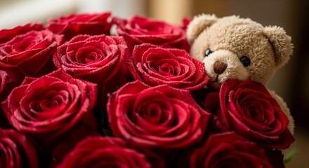 Romantic Red Roses Bouquet with Dew Drops and Teddy Bear