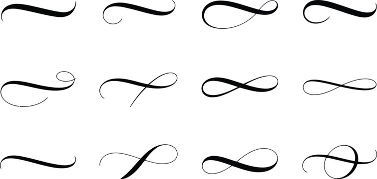 A diverse collection of twelve elegant calligraphic swashes and decorative flourishes appear on a plain white background