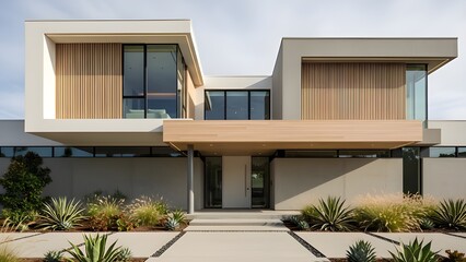 Fototapeta premium Contemporary two-story house facade featuring large glass windows, wooden panels, and concrete structure. Aesthetic architectural exterior photography with balanced modern design.