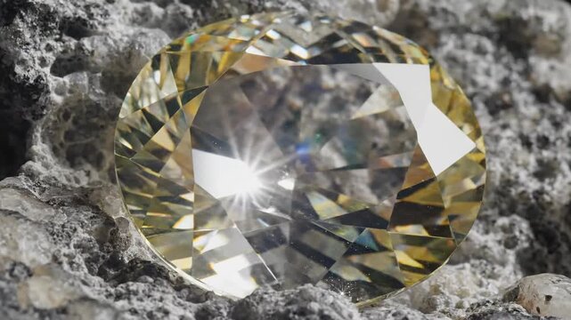 Magnificent multifaceted yellow diamond embedded in rough granite, showcasing natural brilliance and embedded treasure