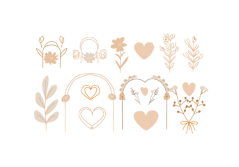 Minimal wedding clipart set featuring hand drawn botanical elements, hearts, floral arches, wreaths, and romantic symbols in soft beige and neutral tones. Elegant boho and modern wedding illustration 