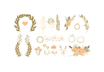 Minimal wedding clipart set featuring hand drawn botanical elements, hearts, floral arches, wreaths, and romantic symbols in soft beige and neutral tones. Elegant boho and modern wedding illustration 