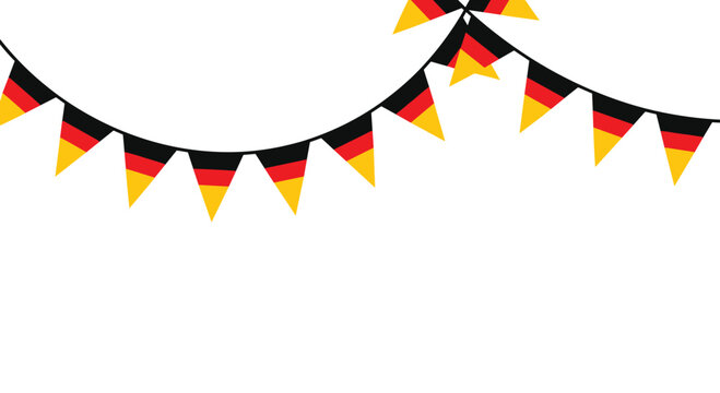 Festive garlands of triangular bunting flags featuring the black red and gold colors of the German national flag on a white background.