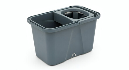 A close-up studio shot showcases a gray plastic bucket with two compartments, one for wringing a mop and the other to contain water. It is a cleaning tool