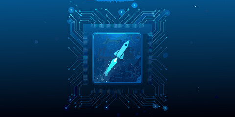 A rocket ship within a microchip symbolizing technological advancement and space exploration