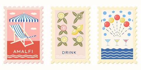 Colorful illustrated postage stamps featuring summer vacation themes and elements © Ramanath