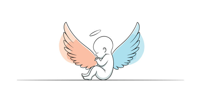 Gentle line art drawing of a baby angel with one pink and one blue wing sitting peacefully on a thin line against a plain white background.