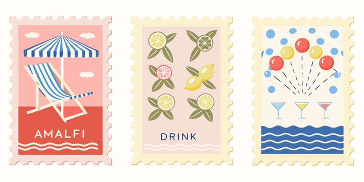 Colorful illustrated postage stamps featuring summer vacation themes and elements