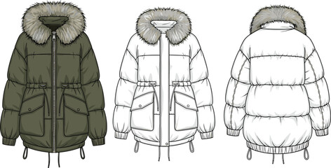 Winter parka jacket cad drawing flat vector illustration front back views fur hood women insulated coat fashion technical apparel design outerwear winter clothing artwork © MstRokshana