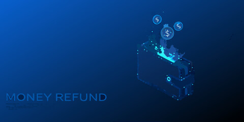 Digital money refund concept with glowing coins and a futuristic wallet