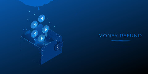 Money refund concept coins emerging from an open smartphone screen