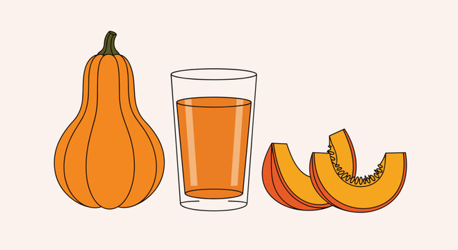 Still life arrangement of a whole pumpkin next to a tall glass filled with fresh orange juice and slices.