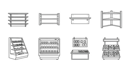 Various types of shelving units and display cases