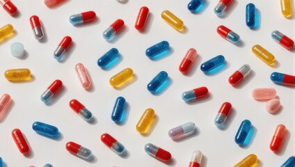 Colorful Pills and Capsules on White Background - Pharmaceutical Products.