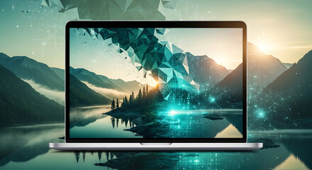 Digital transformation of a serene mountain lake landscape on a laptop screen