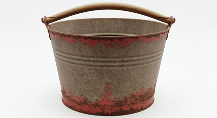 A close-up view of an aged, cylindrical metal bucket with a wooden handle, showing signs of wear and rust against a white backdrop
