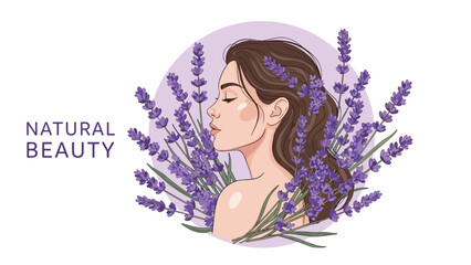 Obraz premium Artistic profile portrait of a woman with long wavy hair and lavender sprigs featuring natural beauty text on a purple circle.