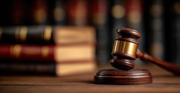 Close-up of gavel on sound block, books blurred. Focus on justice and law concept