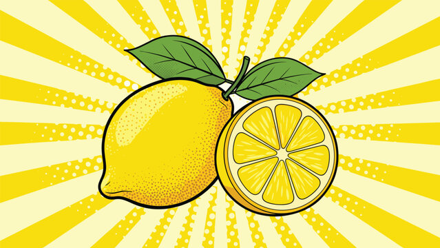 Pop art illustration of a whole yellow lemon and a cross-section slice on a bright yellow radial sunburst background for advertising.