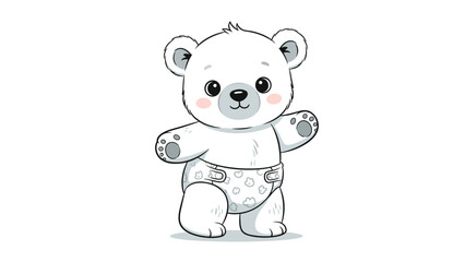 Fototapeta premium Adorable illustration of a smiling baby polar bear cub wearing a patterned diaper and standing with open arms.