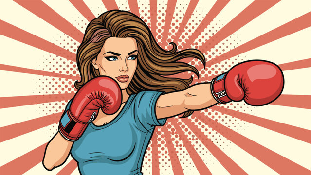 Strong female boxer with long brown hair throwing a punch wearing red gloves on a vintage starburst background.