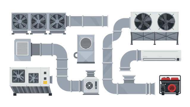 A comprehensive collection of various HVAC components, including air conditioning units, ducts, and a generator, is presented as a diagrammatic set.