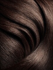 Close-up of glossy, dark brown hair flowing smoothly, with light reflecting on strands