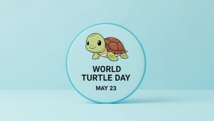 A cartoon turtle on a blue circle celebrating World Turtle Day, May 23, on a blue background