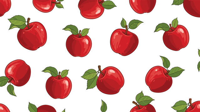 Seamless pattern with ripe red apples and green leaves on white background for fruit and food design.